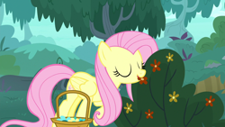 Size: 1280x720 | Tagged: safe, screencap, fluttershy, pegasus, pony, yakity-sax, basket, bush, cute, eyes closed, female, flower, mare, mouth hold, nom, shyabetes, solo