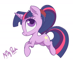 Size: 1882x1613 | Tagged: safe, artist:mistydash, twilight sparkle, :o, alternate cutie mark, alternate hairstyle, chibi, cute, fluffy, looking up, nose wrinkle, ponytail, simple background, solo, twiabetes, white background