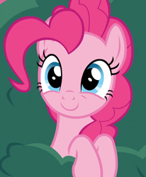 Size: 887x1077 | Tagged: safe, screencap, pinkie pie, earth pony, pony, secrets and pies, bush, cropped, cute, diapinkes, female, mare, smiling, solo