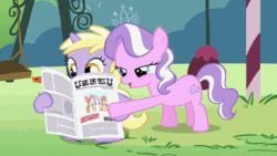 Size: 720x405 | Tagged: safe, screencap, diamond tiara, dinky hooves, earth pony, pony, unicorn, ponyville confidential, animated, derp, duo, duo female, female, filly, gif, newspaper