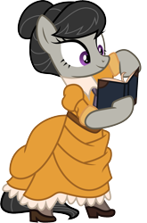 Size: 1001x1518 | Tagged: safe, artist:cloudyglow, octavia melody, earth pony, pony, alternate hairstyle, bipedal, book, boots, clothes, clothes swap, cosplay, costume, cravat, crossover, disney, disney princess, dress, jane porter, shoes, simple background, smiling, solo, spats, tarzan, transparent background, vector