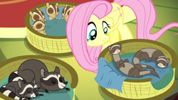 Size: 1280x720 | Tagged: safe, screencap, fluttershy, chipmunk, ferret, pegasus, pony, raccoon, yakity-sax, regular show, rigby