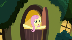 Size: 1280x720 | Tagged: safe, screencap, fluttershy, pegasus, pony, yakity-sax, female, fluttershy's cottage, mare, open mouth, solo