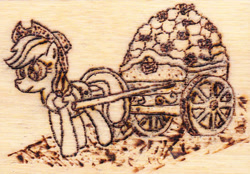 Size: 778x543 | Tagged: safe, artist:malte279, applejack, earth pony, pony, cart, pyrography, traditional art