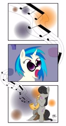 Size: 2642x5001 | Tagged: safe, artist:pony4koma, dj pon-3, octavia melody, vinyl scratch, earth pony, pony, unicorn, absurd resolution, colors, female, food, jam, jaw drop, lesbian, mare, music, music notes, musical instrument, musician, open mouth, saxophone, scratchtavia, shipping, sunglasses