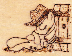 Size: 685x528 | Tagged: safe, artist:malte279, applejack, earth pony, pony, pyrography, sleeping, traditional art