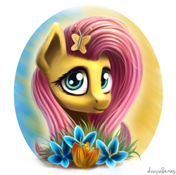 Size: 2110x2104 | Tagged: safe, artist:adagiostring, fluttershy, pegasus, pony, bust, female, flower, looking at you, mare, solo