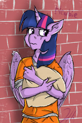 Size: 400x600 | Tagged: safe, artist:shimazun, derpibooru import, twilight sparkle, twilight sparkle (alicorn), alicorn, anthro, clothes, orange is the new black, pillow, prison outfit, prisoner ts, solo