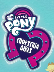 Size: 543x722 | Tagged: safe, screencap, applejack, better together, equestria girls, cropped, equestria girls logo, font, logo, offscreen character, solo