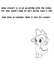 Size: 1200x1448 | Tagged: safe, artist:renofox, spike, dragon, activity book, alone, imaginary friend, parody, sad, simple background, solo, text, white background