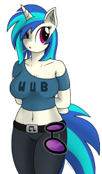 Size: 2650x4512 | Tagged: safe, artist:mrlolcats17, dj pon-3, vinyl scratch, anthro, belly button, breasts, candy, cleavage, clothes, female, food, lollipop, midriff, off shoulder, pants, solo, vinyl stacked