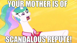 Size: 1280x720 | Tagged: safe, edit, edited screencap, screencap, princess celestia, alicorn, pony, between dark and dawn, alternate hairstyle, angry, caption, clothes, female, hawaiian shirt, image macro, meme, pointing, ponytail, rage, shirt, simple background, solo, text, traditional royal canterlot voice, yelling, yellow background, your mom