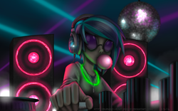 Size: 1680x1050 | Tagged: safe, artist:burning-heart-brony, dj pon-3, vinyl scratch, equestria girls, bubblegum, disco ball, food, headphones, humanized, solo, speakers, turntable