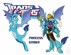 Size: 3300x2550 | Tagged: safe, artist:inspectornills, princess ember, dragon, robot, gauntlet of fire, crossover, predacon, ripclaw, simple background, transformares, transformers, transformers animated, white background