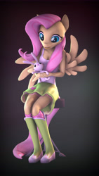 Size: 5400x9600 | Tagged: safe, artist:imafutureguitarhero, part of a set, angel bunny, fluttershy, anthro, pegasus, plantigrade anthro, rabbit, 3d, abstract background, absurd file size, absurd resolution, boots, breasts, bust, chromatic aberration, cleavage, clothes, duo, equestria girls outfit, female, film grain, holding, mare, nose wrinkle, portrait, put me down, shoes, signature, sitting, skirt, smiling, socks, source filmmaker, stool, tanktop