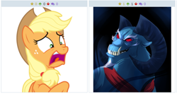 Size: 516x275 | Tagged: safe, derpibooru import, applejack, grogar, earth pony, pony, g1, derpibooru, exploitable meme, juxtaposition, juxtaposition win, meme, meta, scared, tambelon