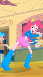 Size: 1242x2208 | Tagged: safe, screencap, granny smith, pinkie pie, equestria girls, equestria girls (movie), background human, balloon, boots, clothes, cropped, helping twilight win the crown, looking at you, open mouth, pony ears, ponytail, raised eyebrow, shoes, skirt, sweater, wondercolts uniform