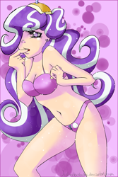 Size: 900x1350 | Tagged: dead source, safe, artist:justicebustedus, screwball, human, abstract background, belly button, bikini, breasts, clothes, female, humanized, purple swimsuit, solo, swimsuit