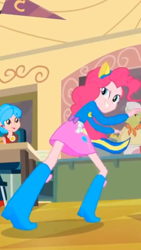Size: 1242x2208 | Tagged: safe, screencap, granny smith, pinkie pie, equestria girls, equestria girls (movie), background human, balloon, boots, clothes, cropped, helping twilight win the crown, looking at you, pony ears, ponytail, raised eyebrow, shoes, skirt, smiling, sweater, wondercolts uniform