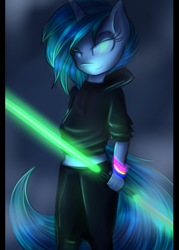 Size: 2500x3500 | Tagged: safe, artist:kairaanix, dj pon-3, vinyl scratch, anthro, double lightsaber, lightsaber, midriff, solo, star wars, weapon