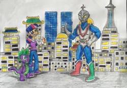 Size: 2830x1960 | Tagged: safe, artist:bozzerkazooers, derpibooru import, spike, twilight sparkle, human, city, crossover, giantess, godzilla (series), humanized, macro, traditional art, zone fighter