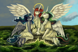 Size: 6000x4000 | Tagged: safe, artist:misstwipietwins, princess celestia, princess luna, oc, oc:fausticorn, alicorn, anthro, absurd resolution, clothes, goddess, halo