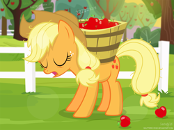 Size: 3061x2291 | Tagged: safe, artist:shutterflyeqd, applejack, earth pony, pony, applebuck season, apple, basket, cowboy hat, female, food, hat, mare, scene interpretation, sleeping, sleeping while standing, solo, stetson, tired, tree