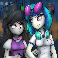 Size: 1024x1024 | Tagged: safe, artist:gabbslines, dj pon-3, octavia melody, vinyl scratch, equestria girls, clothes, duo, headphones, signature, sunglasses