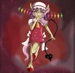 Size: 619x610 | Tagged: safe, artist:nightveil, artist:nightveilnocturne, fluttershy, anthro, unguligrade anthro, vampire, abstract background, crystal, fangs, female, flandershy, flandre scarlet, red background, red eyes, simple background, slit eyes, solo, touhou, wings