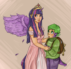 Size: 1245x1200 | Tagged: safe, artist:superlucky13, derpibooru import, spike, twilight sparkle, twilight sparkle (alicorn), alicorn, human, big crown thingy, horned humanization, humanized, jewelry, regalia, tailed humanization, winged humanization