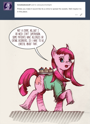 Size: 675x926 | Tagged: safe, artist:dreamingnoctis, pinkie pie, pony, ask, ask asylum twilight, pinkamena diane pie, solo, tray, tumblr