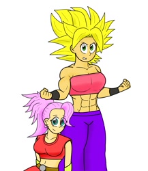 Size: 963x1109 | Tagged: safe, artist:matchstickman, applejack, fluttershy, equestria girls, abs, applejacked, caulifla, clothes, cosplay, costume, dragon ball super, kale (dragon ball), muscles, simple background, super saiyan, white background