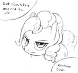 Size: 740x693 | Tagged: safe, artist:trickydick, pinkie pie, earth pony, pony, angry, eat my pie, sketch, solo, that pony sure does hate pies