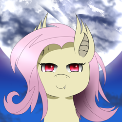 Size: 3000x3000 | Tagged: safe, artist:cocoapossibility, fluttershy, bat pony, pegasus, pony, vampire, vampony, cloud, flutterbat, moon, race swap