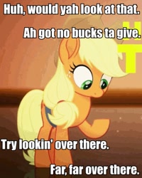 Size: 409x512 | Tagged: safe, edit, edited screencap, screencap, applejack, earth pony, pony, my little pony: the movie, caption, cropped, hatless, image macro, meme, missing accessory, no bucks given, no fucks, solo