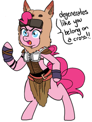 Size: 874x1157 | Tagged: safe, artist:/d/non, pinkie pie, earth pony, pony, /mlp/, angry, bipedal, caesar's legion, clothes, cosplay, costume, degenerates like you belong on a cross, dialogue, drawthread, fallout, fallout: new vegas, female, mare, open mouth, request, simple background, solo, speech bubble, standing, threat, white background