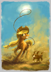 Size: 1349x1908 | Tagged: safe, artist:plainoasis, applejack, winona, dog, earth pony, pony, cowboy hat, female, hat, lasso, mare, rope, sky, stetson, sun