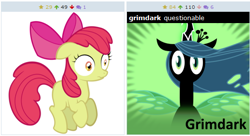 Size: 510x277 | Tagged: safe, derpibooru import, apple bloom, queen chrysalis, changeling, changeling queen, derpibooru, exploitable meme, juxtaposition, juxtaposition win, meme, meta, meta:grimdark, meta:questionable, shocked, spoilered, vector, wide eyes