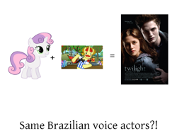 Size: 1024x768 | Tagged: safe, flam, sweetie belle, brazil, crack shipping, exploitable meme, luciana baroli, meme, portuguese, same voice actor, twilight (series), wendel bezerra