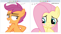 Size: 516x284 | Tagged: safe, artist:und34d951, derpibooru import, fluttershy, scootaloo, pegasus, pony, derpibooru, exploitable meme, juxtaposition, juxtaposition win, meme, meta