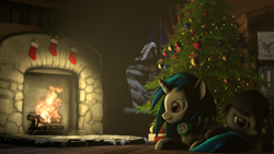 Size: 1024x576 | Tagged: safe, artist:vinuldash, dj pon-3, octavia melody, vinyl scratch, earth pony, pony, 3d, christmas stocking, christmas tree, fireplace, headphones, present, prone, tree