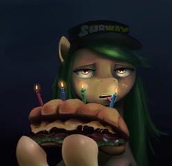 Size: 1231x1192 | Tagged: safe, artist:gsphere, oc, oc only, earth pony, pony, candle, female, food, hat, mare, solo, subway, subway pony