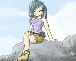 Size: 1500x1200 | Tagged: safe, artist:speccysy, limestone pie, human, 2010s, 2012, belt, black hair, clothes, crossed legs, daytime, denim shorts, female, humanized, lidded eyes, looking at you, rock, shoes, shorts, sitting, smiling, sneakers, socks, solo, sunny day, tanktop, tomboy, torn clothes