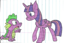 Size: 1021x694 | Tagged: safe, artist:cmara, derpibooru import, spike, twilight sparkle, twilight sparkle (alicorn), alicorn, dragon, pony, lined paper, traditional art