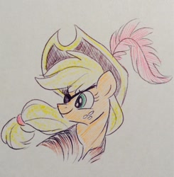 Size: 1174x1200 | Tagged: safe, artist:zigragirl, applejack, earth pony, pony, colored pencil drawing, eyepatch, feather, female, freckles, hat, mare, pirate, pirate hat, simple background, traditional art, white background