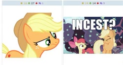 Size: 514x271 | Tagged: safe, derpibooru import, apple bloom, applejack, earth pony, pony, derpibooru, exploitable meme, image macro, implied applecest, implied bloomjack, implied incest, implied lesbian, implied shipping, juxtaposition, juxtaposition win, meme, meta