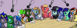 Size: 1600x592 | Tagged: safe, artist:atryl, big macintosh, oc, oc:jade aurora, earth pony, pegasus, pony, unicorn, apple, bronycon, clown, clown nose, interview, meta, microphone, plushie