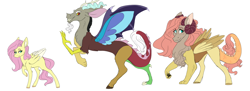 Size: 5500x2000 | Tagged: safe, artist:uunicornicc, discord, fluttershy, oc, oc:iris, draconequus, hybrid, pegasus, pony, discoshy, draconequus oc, female, interspecies offspring, male, mare, offspring, parent:discord, parent:fluttershy, parents:discoshy, shipping, simple background, straight, trio, white background