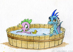 Size: 1024x732 | Tagged: safe, artist:el-yeguero, princess ember, spike, dragon, gauntlet of fire, baby, baby dragon, bath, cute, dragoness, emberbetes, female, male, rubber duck, signature, simple background, spikabetes, traditional art, white background, wings