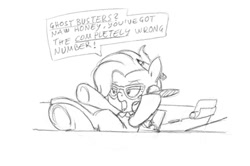 Size: 828x550 | Tagged: safe, artist:carnifex, grace manewitz, rarity takes manehattan, hooves on the table, monochrome, phone, sketch, solo